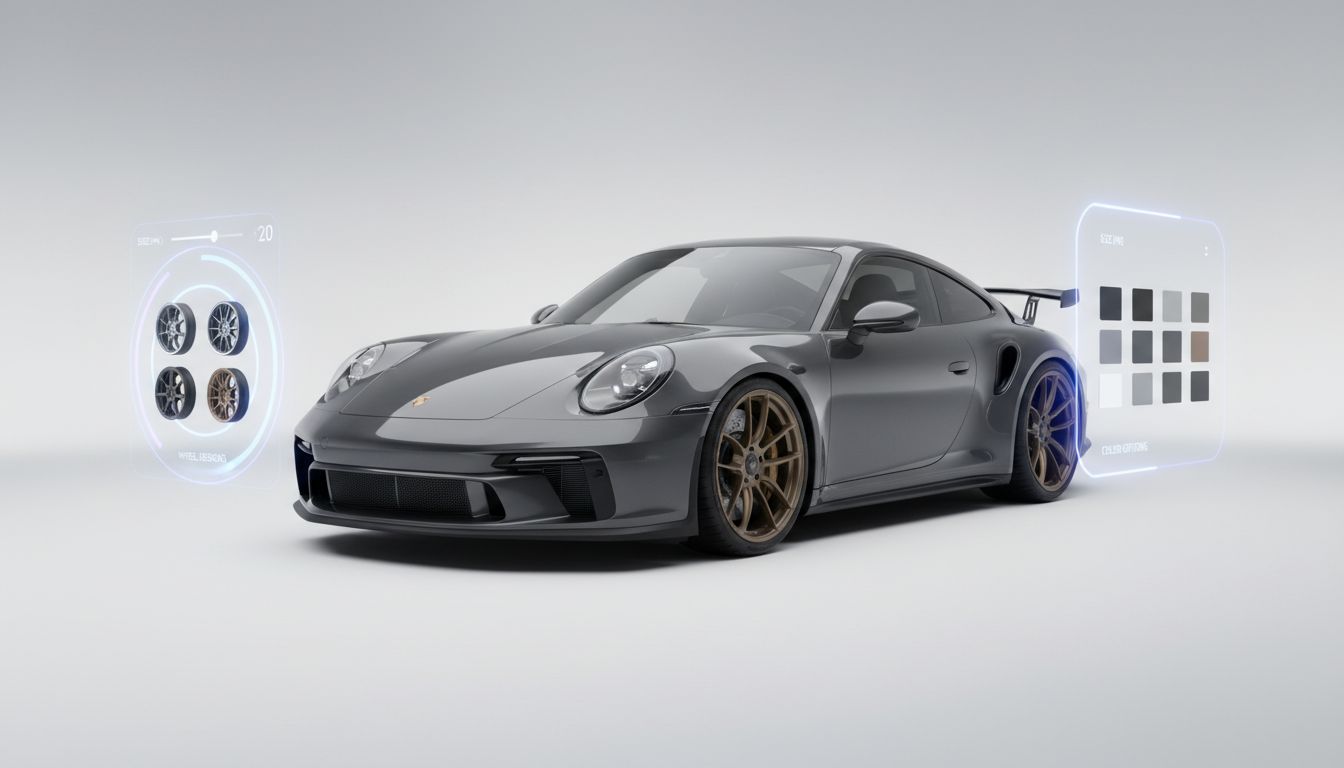 Wheel visualizer interface showing wheel customization on a luxury car