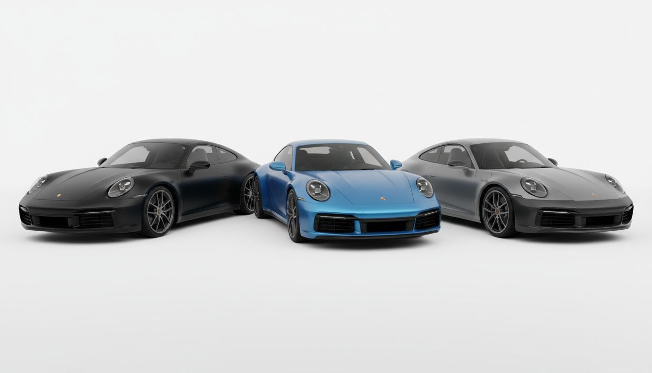 Three cars showing different color and wrap customization options